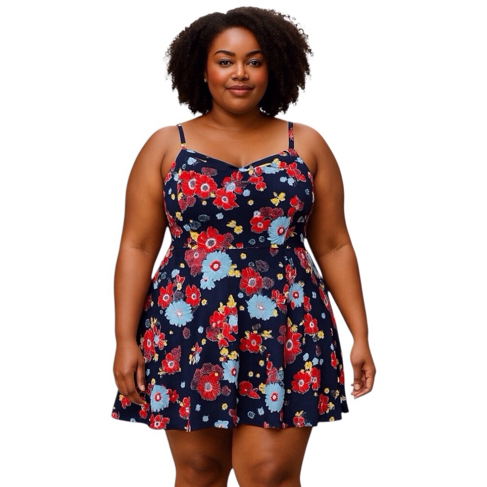 ModCloth 2X Dress Retro-Vibe Floral Sleeveless Sweetheart Smocked Back